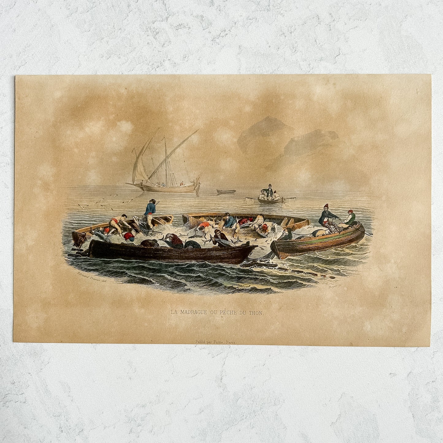 Antique Framed French Maritime Engraving – “La Madrague ou Pêche du Thon,” Circa 1880