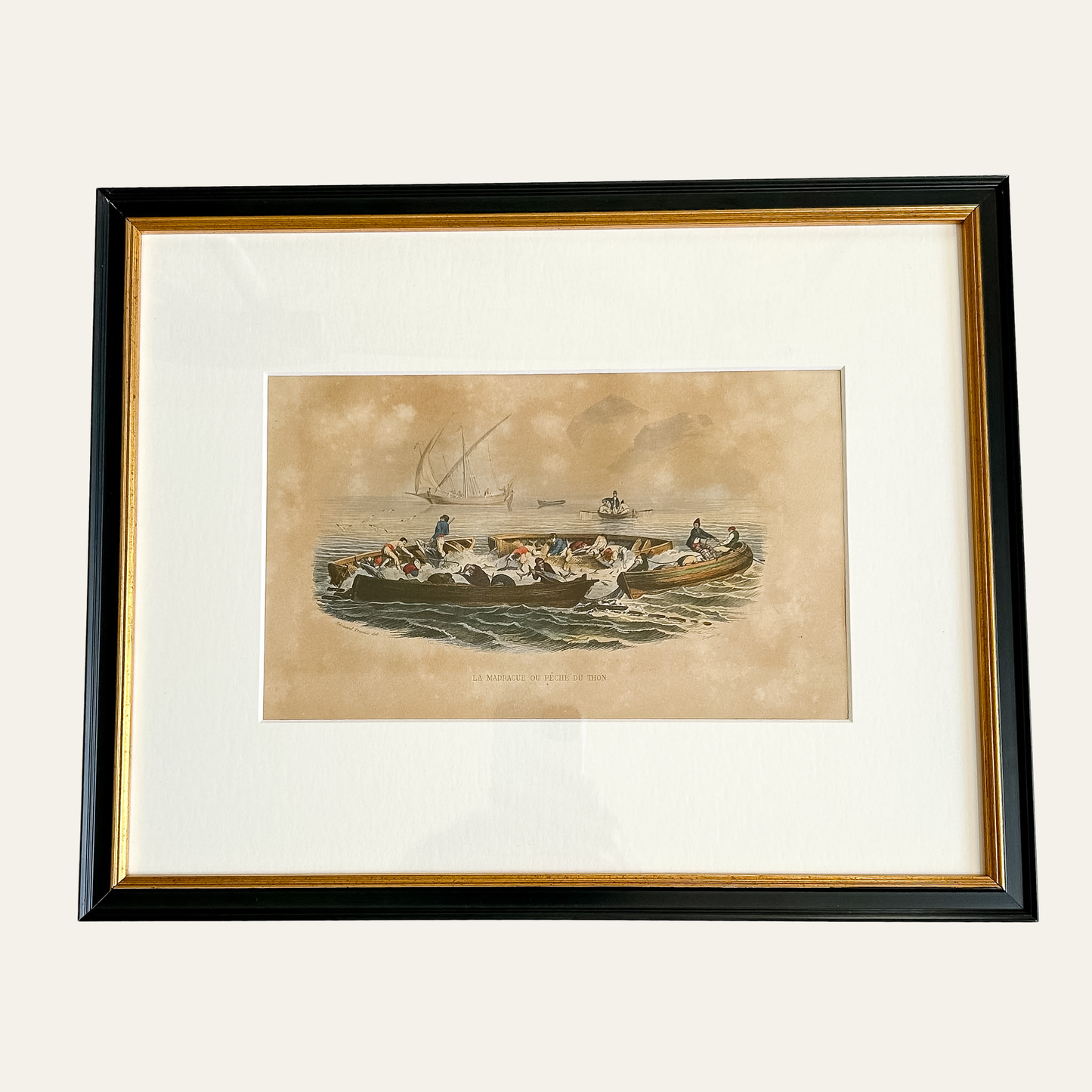 Antique Framed French Maritime Engraving – “La Madrague ou Pêche du Thon,” Circa 1880