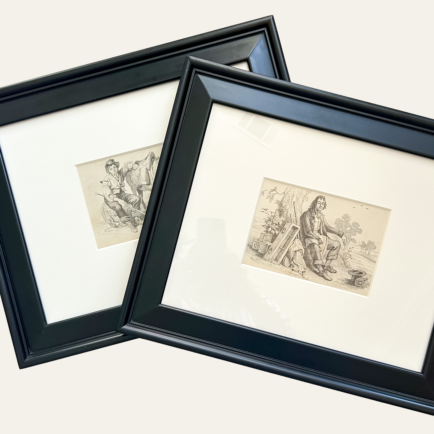 Pair of Framed Antique English Engravings, “Donkey” & “Bird Fancier” – Signed Jos. Fussell, Early 19th Century