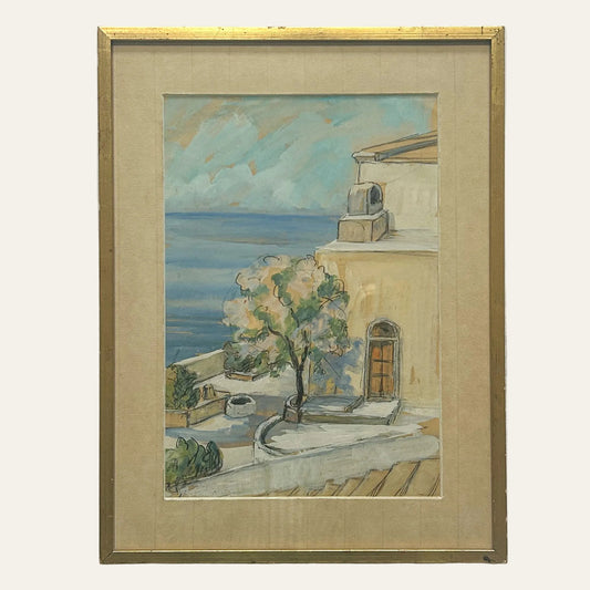 Vintage French Coastal Watercolor & Gouache Painting