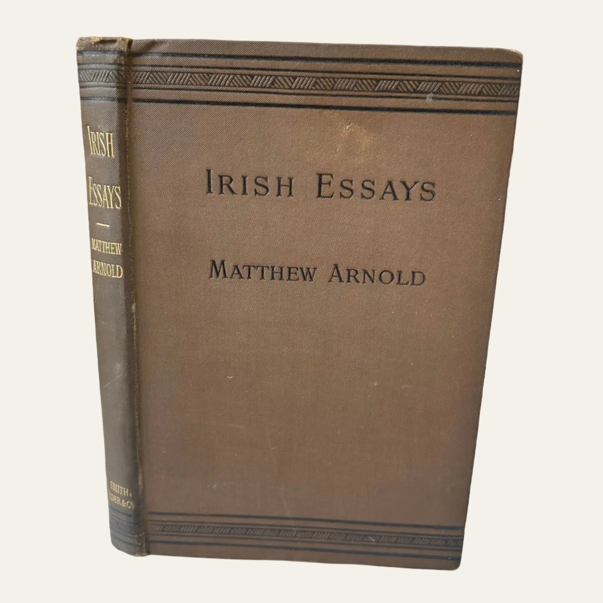 Book titled 'Irish Essays' by Matthew Arnold on a textured surface with a wooden background.