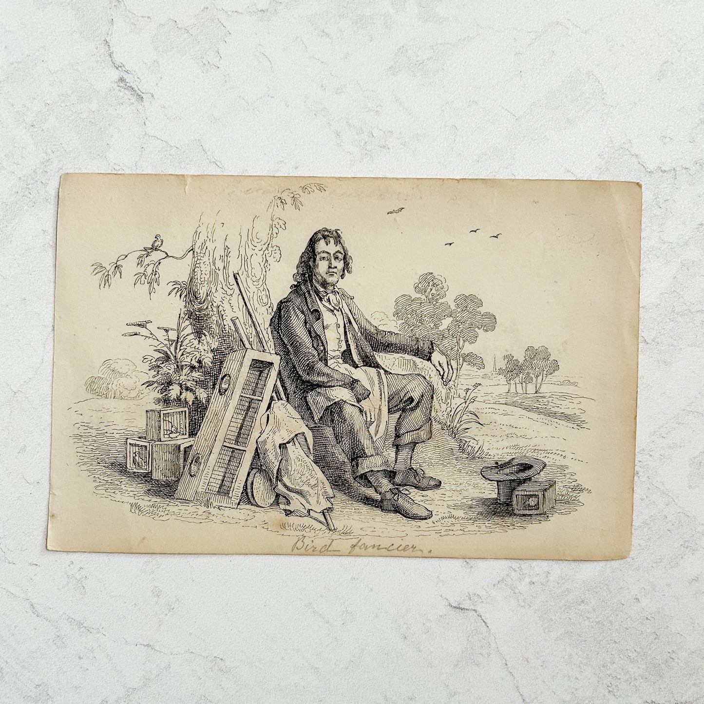 Pair of Framed Antique English Engravings, “Donkey” & “Bird Fancier” – Signed Jos. Fussell, Early 19th Century