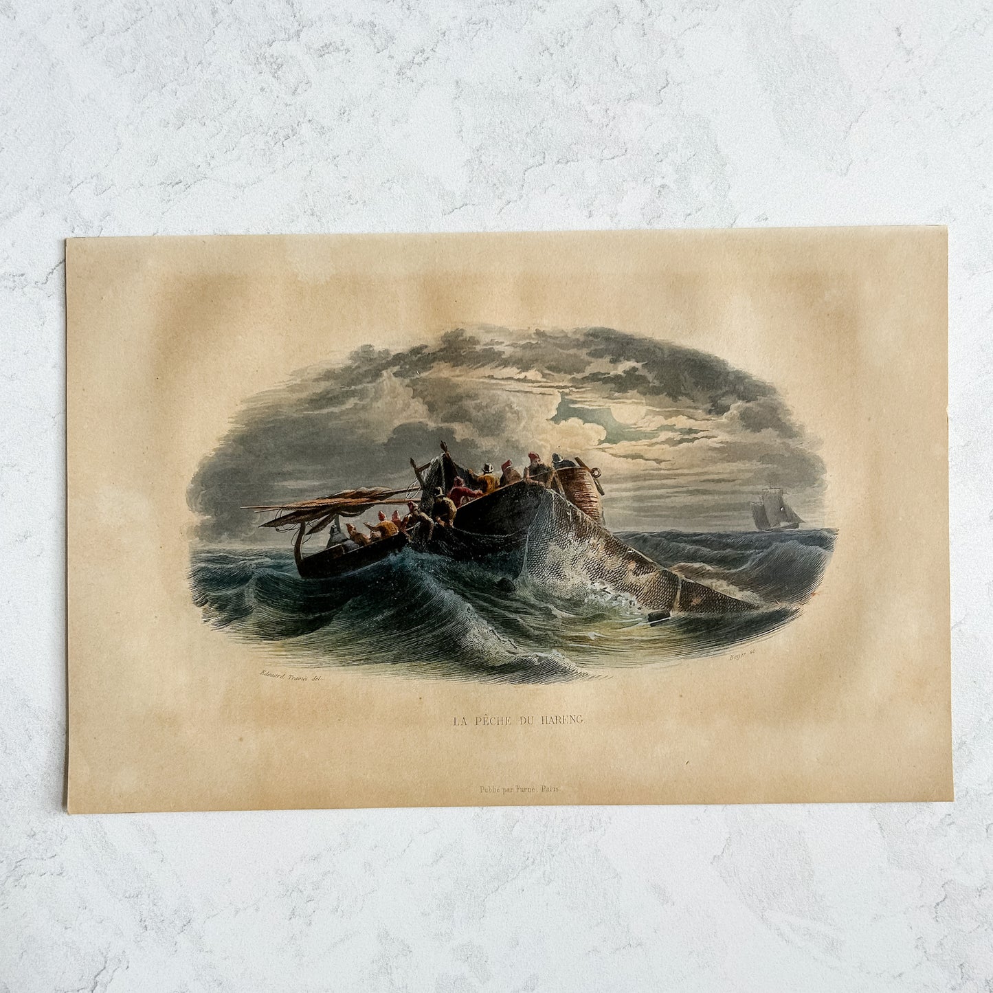 Antique Framed French Engraving – “La Pêche du Hareng,” c. 1880s