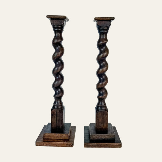Pair of Antique English Oak Barley Twist Candlesticks