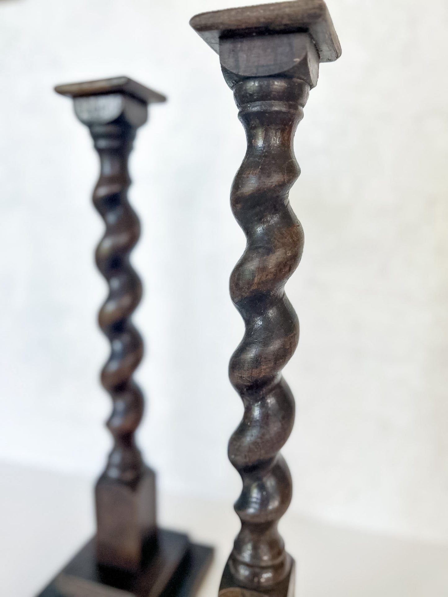 Pair of Antique English Oak Barley Twist Candlesticks