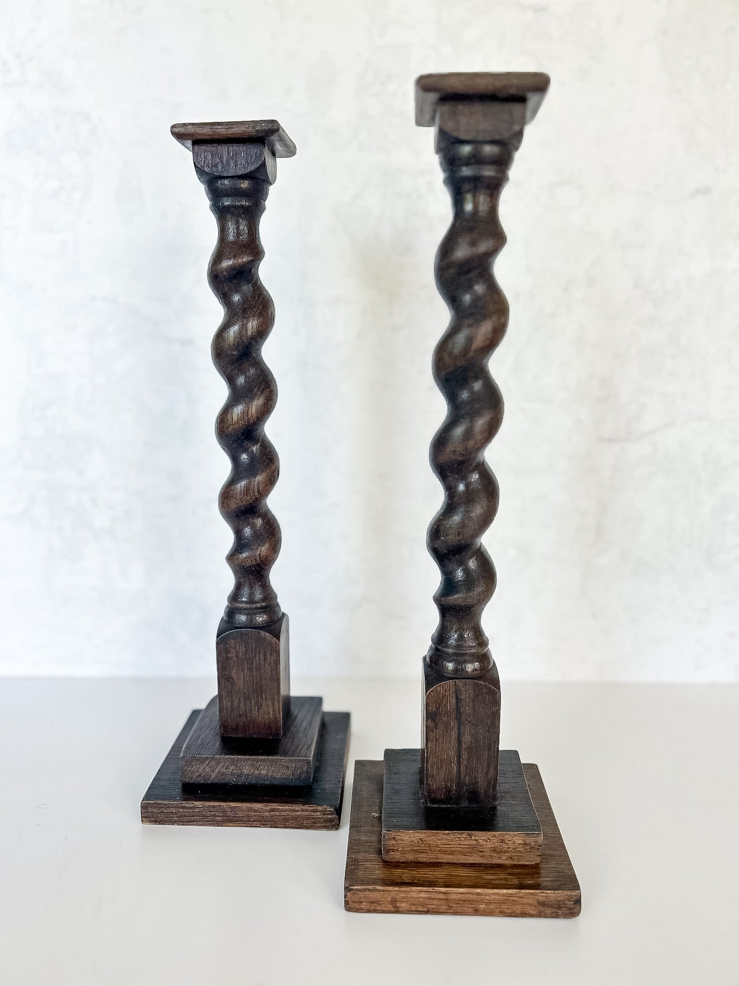Pair of Antique English Oak Barley Twist Candlesticks