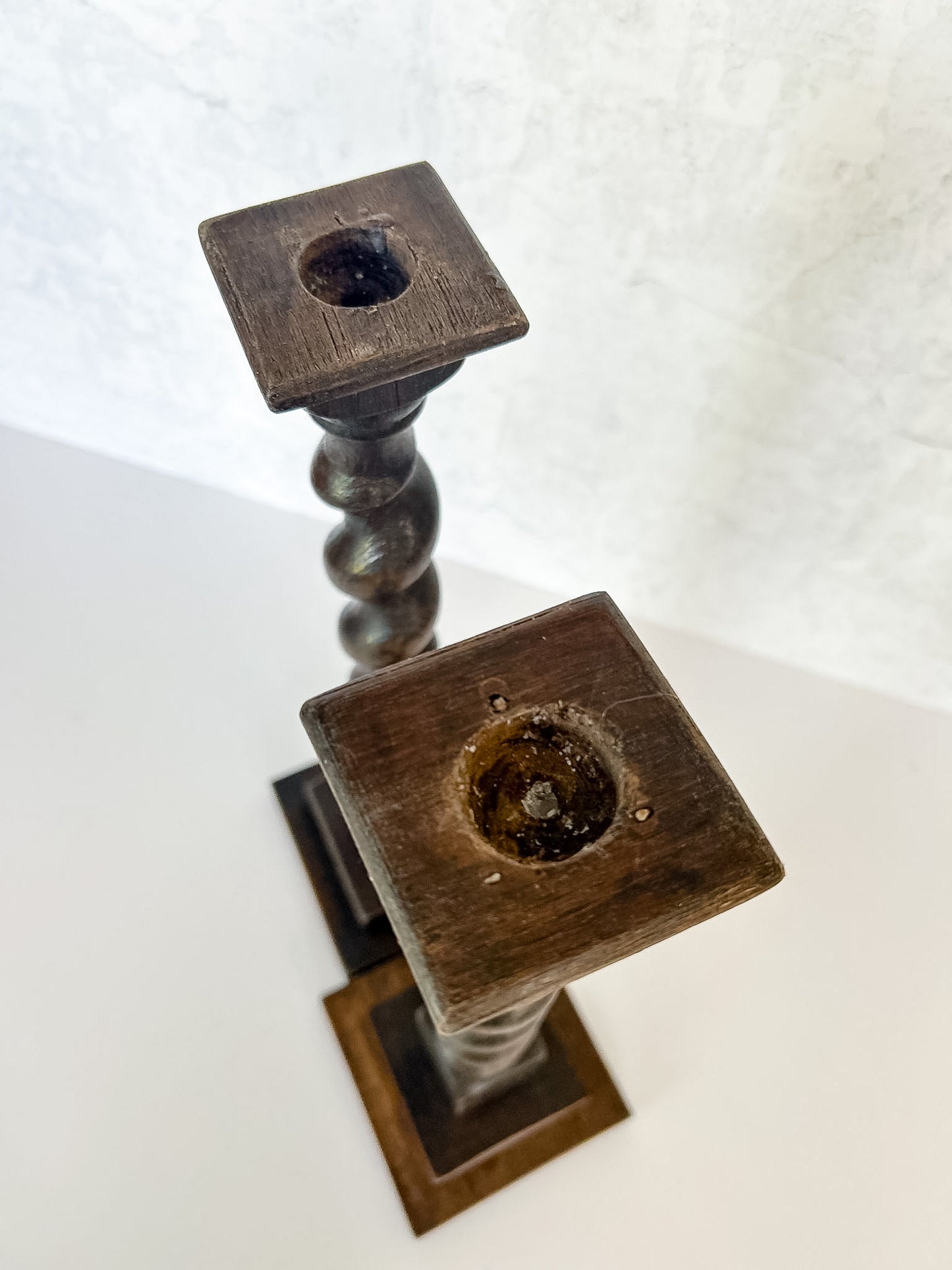Pair of Antique English Oak Barley Twist Candlesticks
