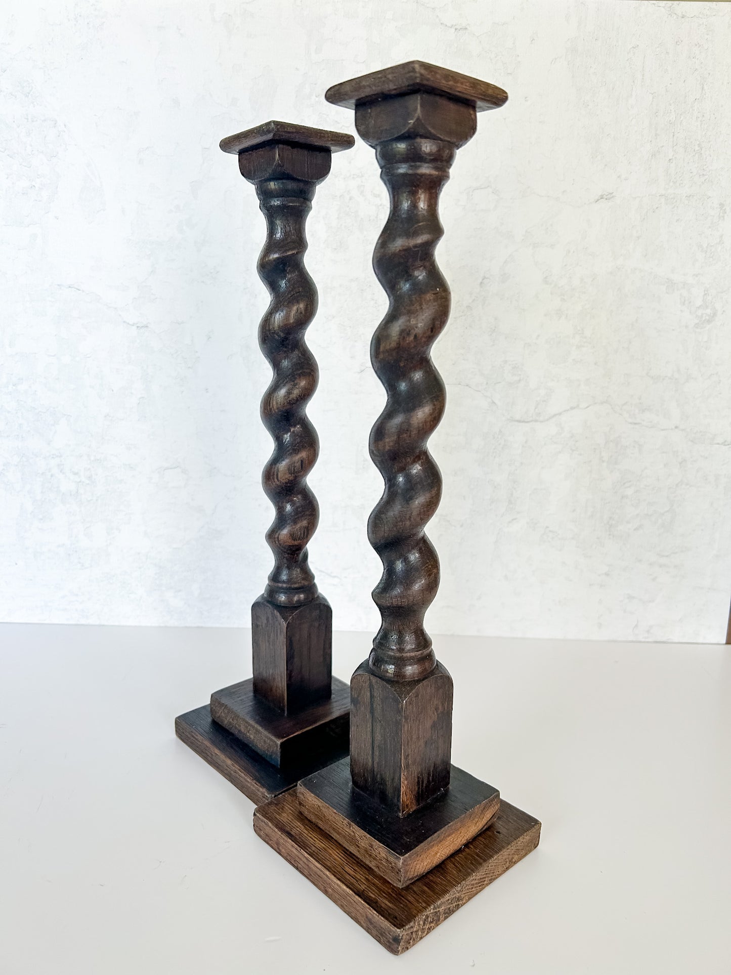 Pair of Antique English Oak Barley Twist Candlesticks