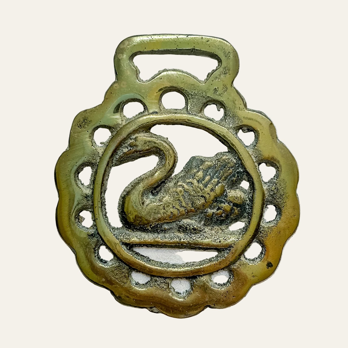 English Swan Horse Brass Medallion