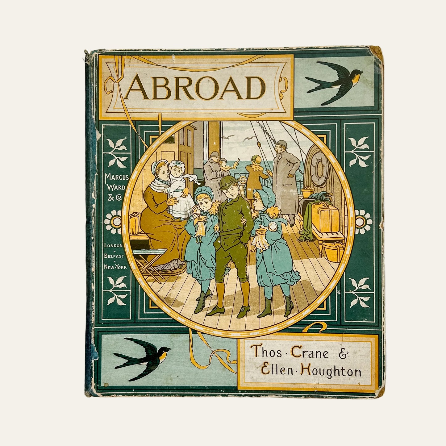 Vintage book cover titled 'Abroad' with illustrations of people on a ship.