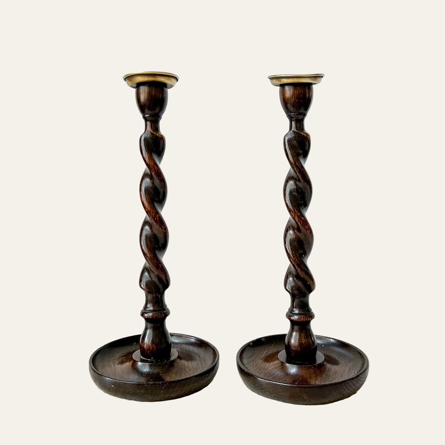 Antique Pair English Oak Barley Twist Candlesticks
