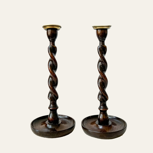 Antique Pair English Oak Barley Twist Candlesticks