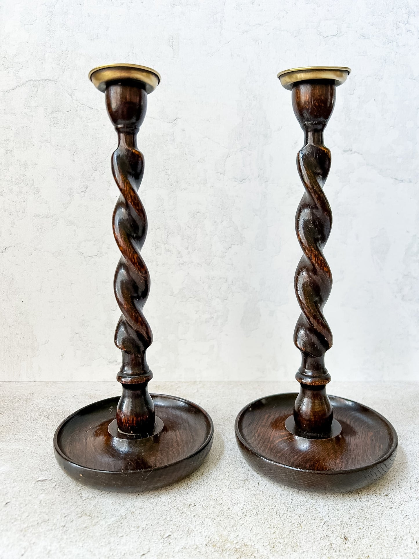 Antique Pair English Oak Barley Twist Candlesticks