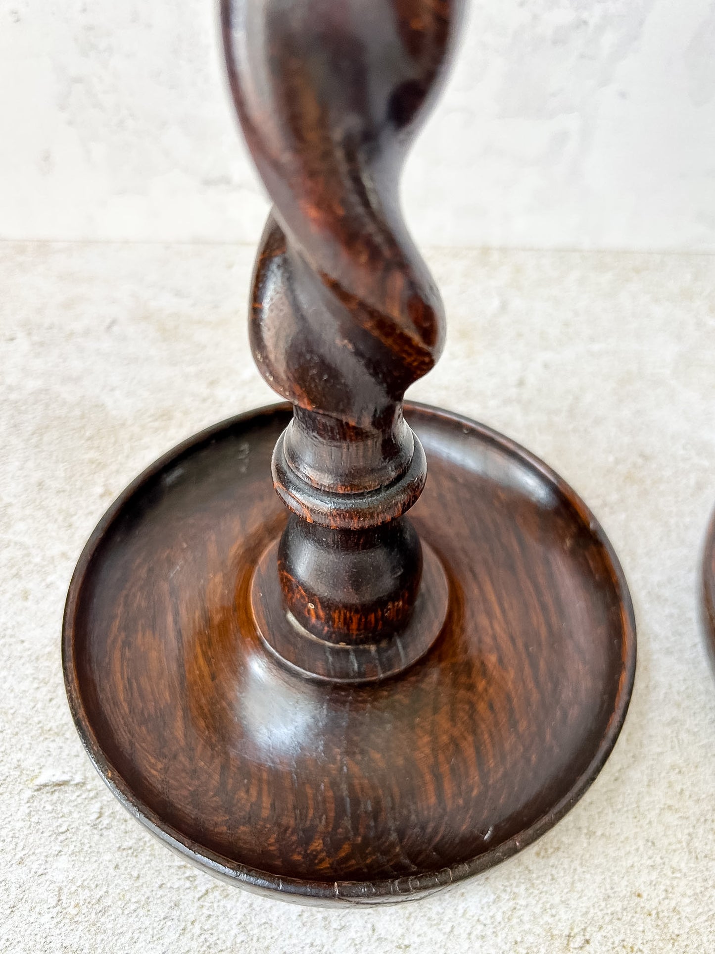 Antique Pair English Oak Barley Twist Candlesticks