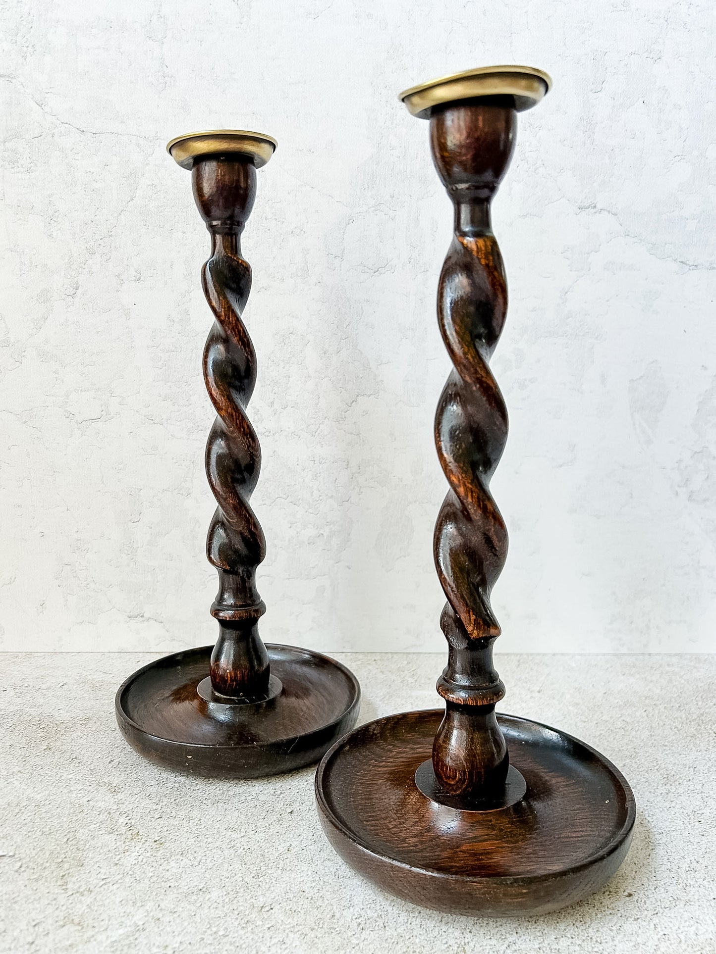 Antique Pair English Oak Barley Twist Candlesticks