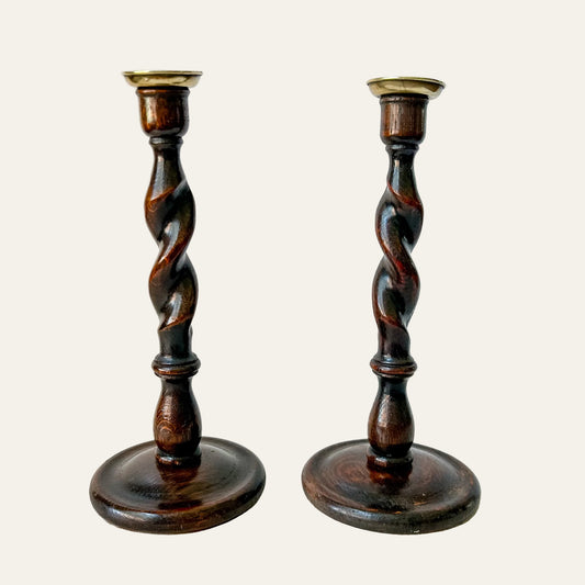 Antique Pair English Oak Barley Twist Candlesticks