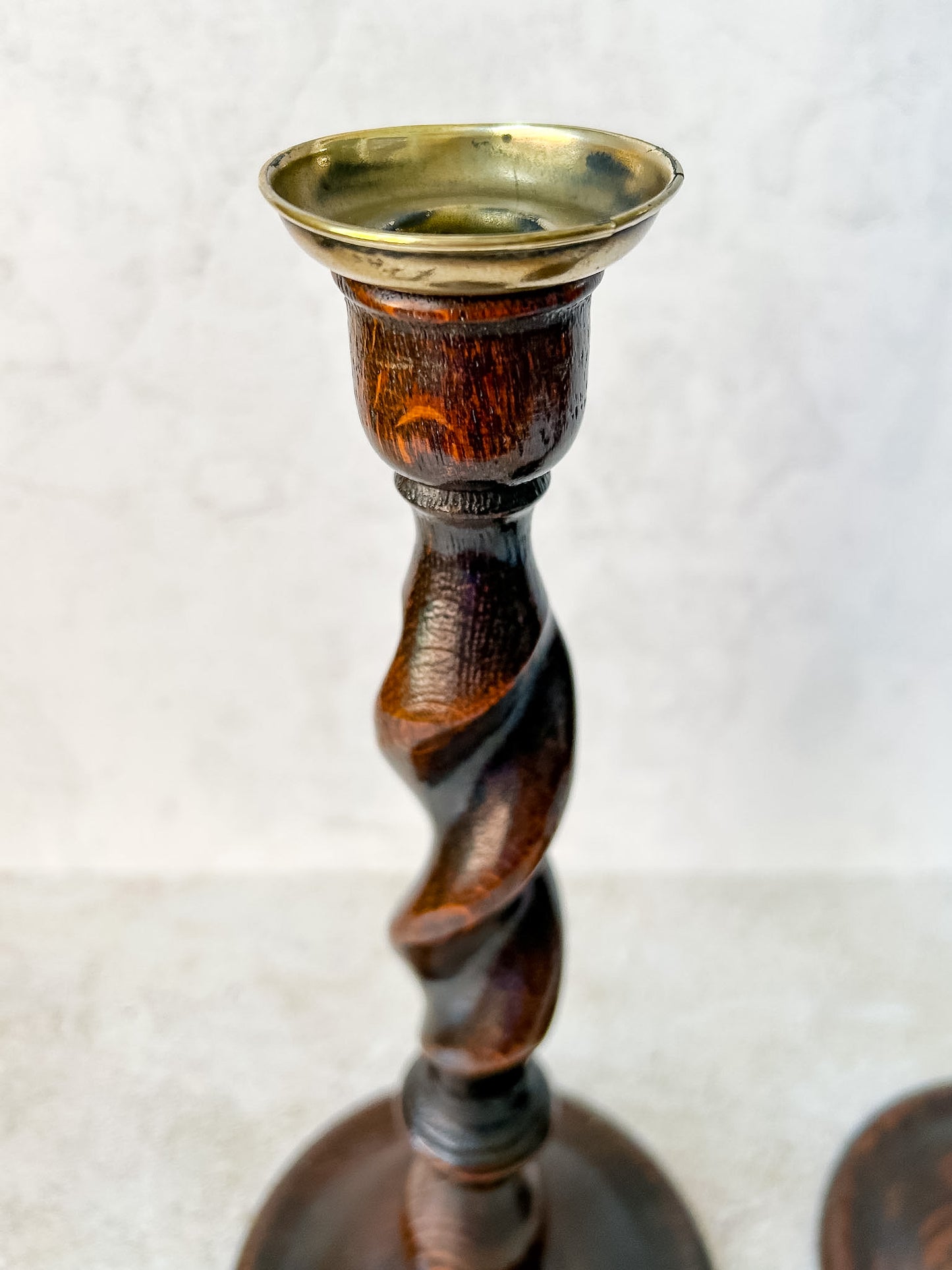 Antique Pair English Oak Barley Twist Candlesticks
