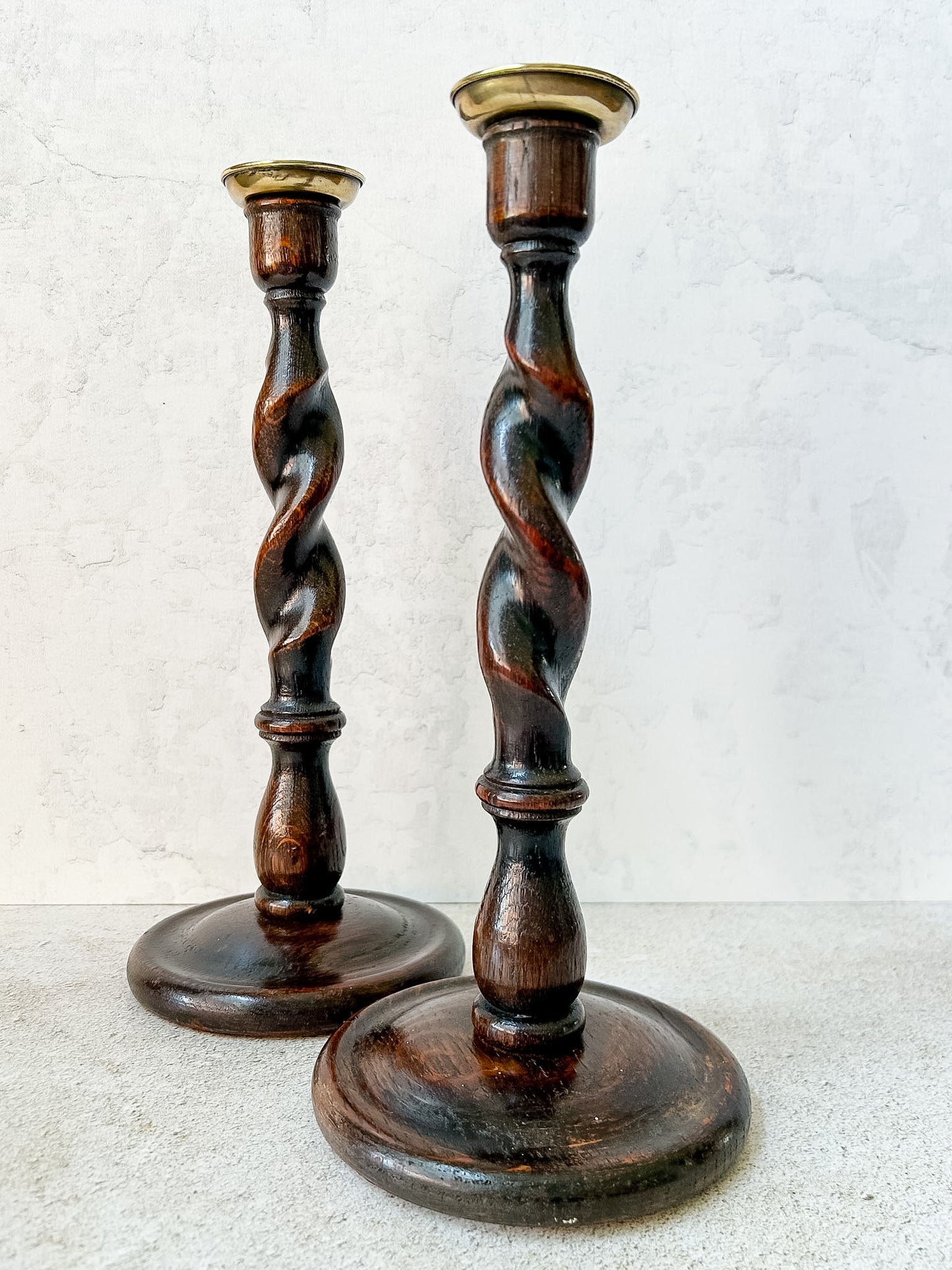 Antique Pair English Oak Barley Twist Candlesticks