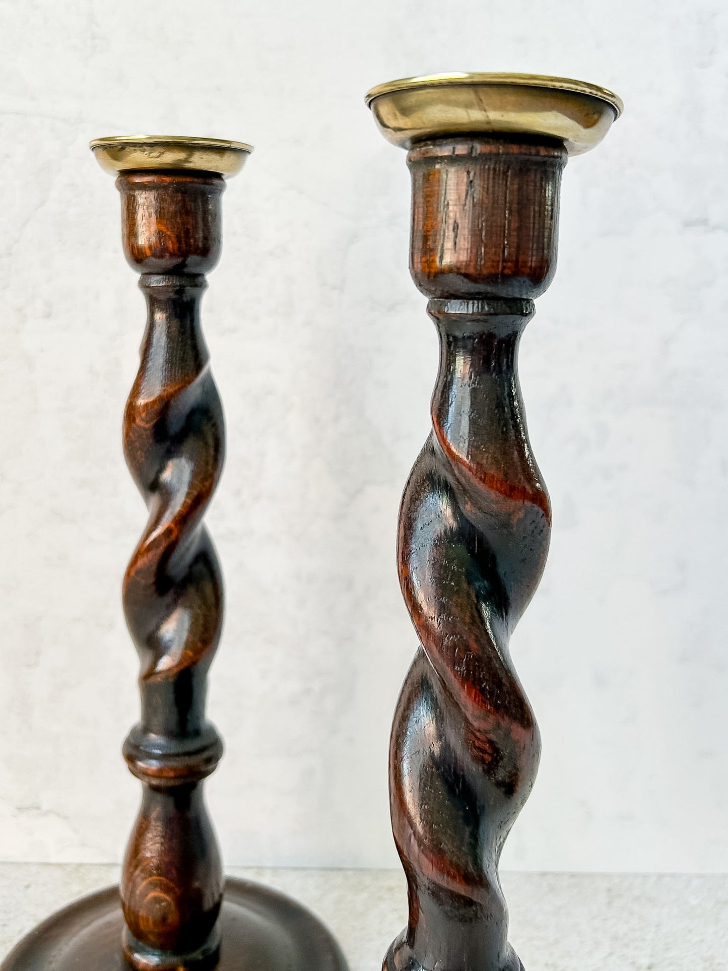 Antique Pair English Oak Barley Twist Candlesticks