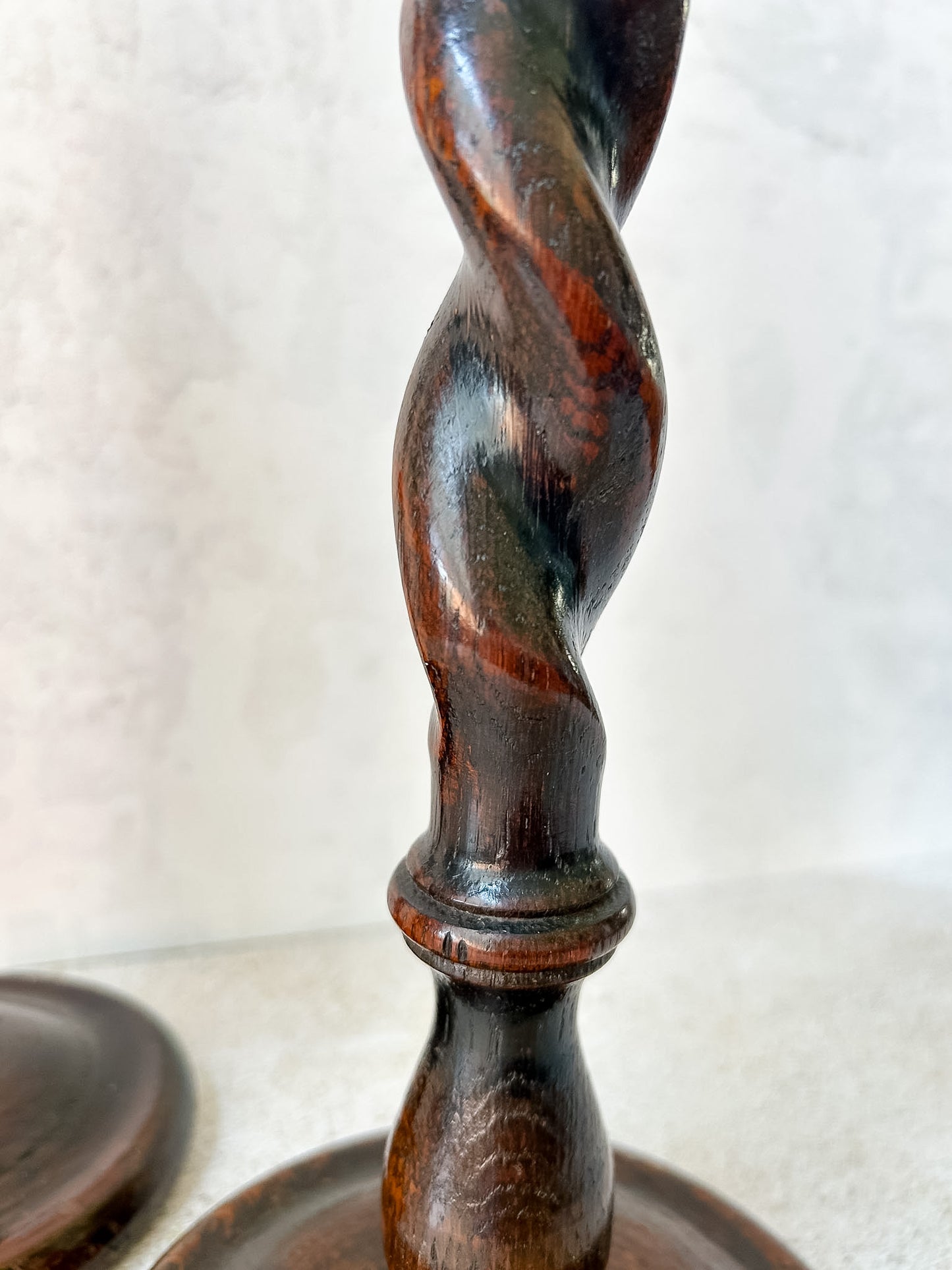 Antique Pair English Oak Barley Twist Candlesticks