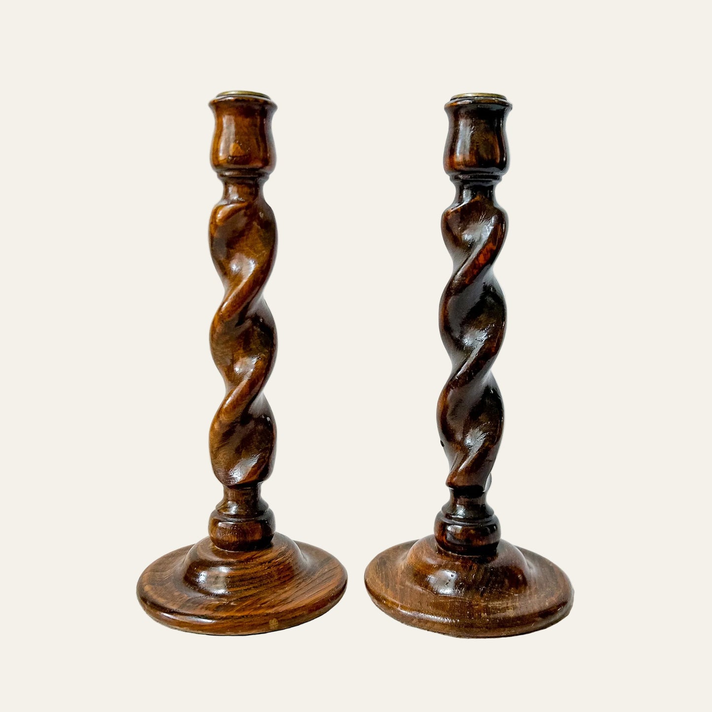 Pair of English Oak Barley Twist Candlesticks