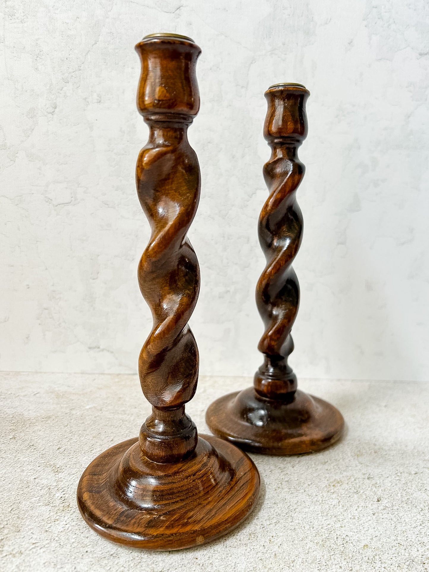 Pair of English Oak Barley Twist Candlesticks
