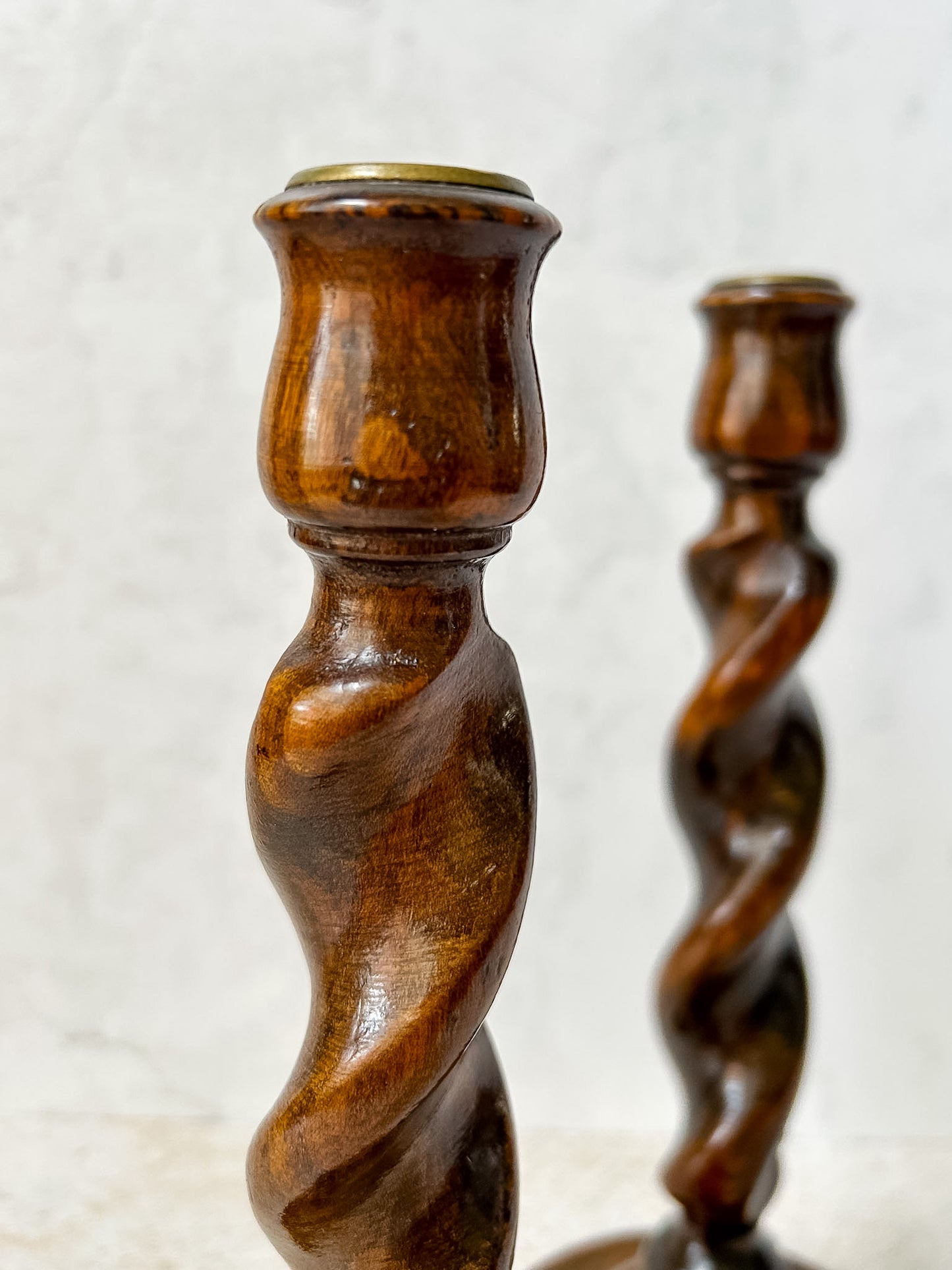 Pair of English Oak Barley Twist Candlesticks