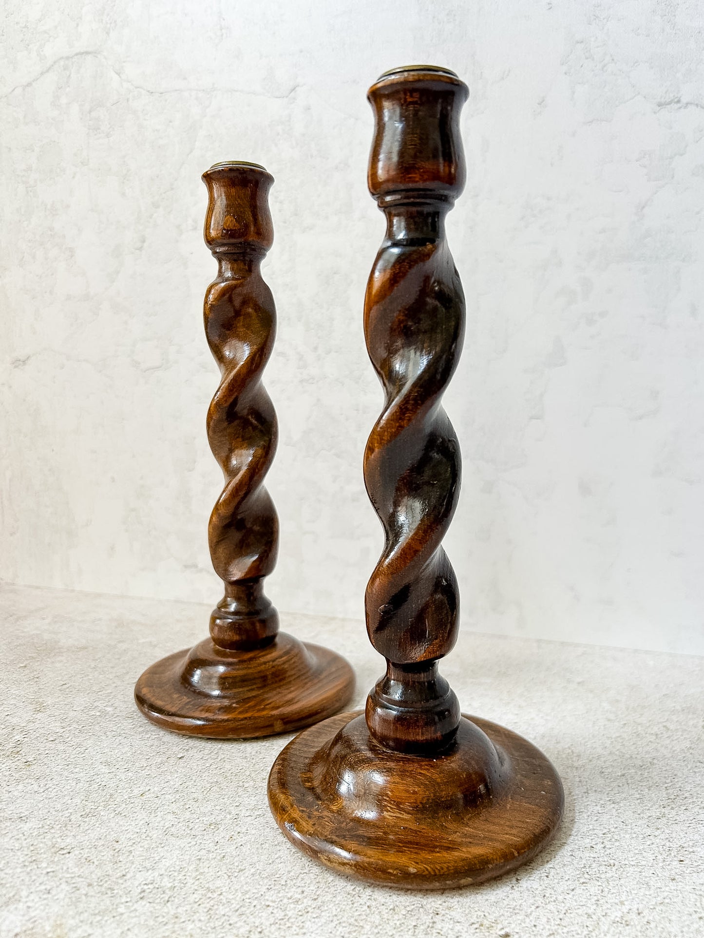 Pair of English Oak Barley Twist Candlesticks