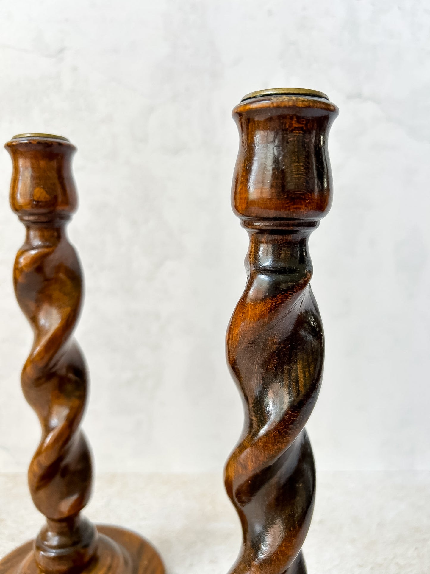 Pair of English Oak Barley Twist Candlesticks