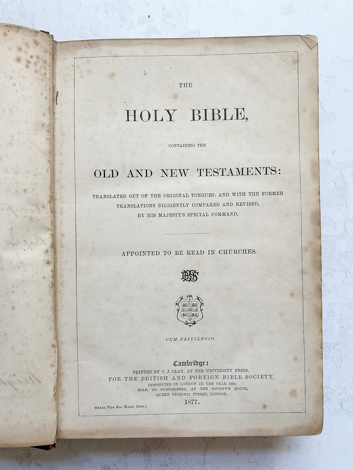 1877 English Leather Large Bible with Handwritten Inscription