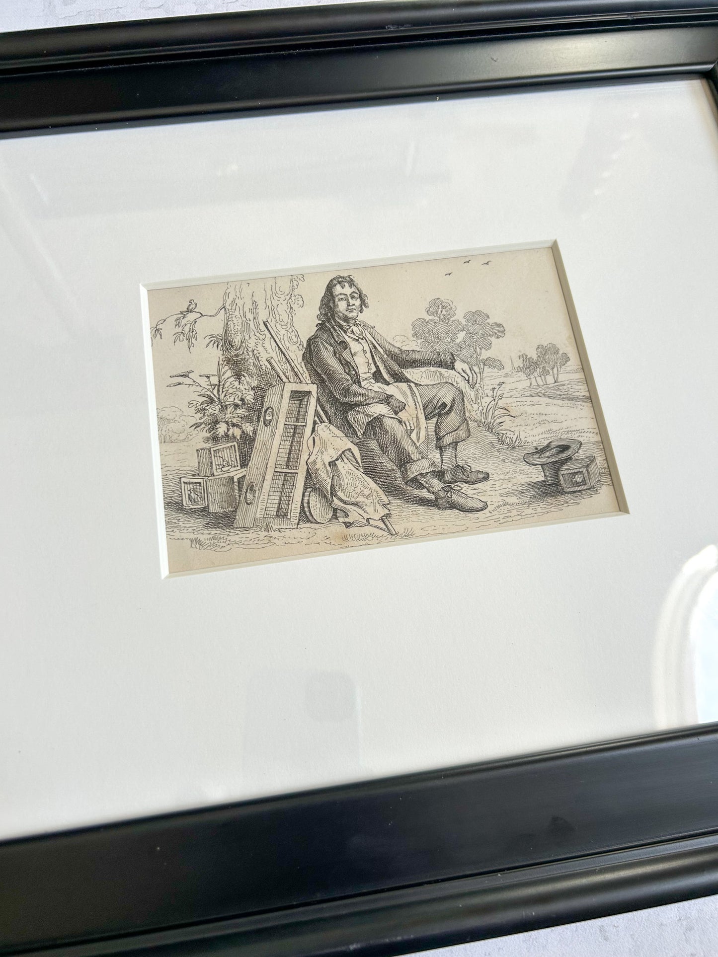 Pair of Framed Antique English Engravings, “Donkey” & “Bird Fancier” – Signed Jos. Fussell, Early 19th Century