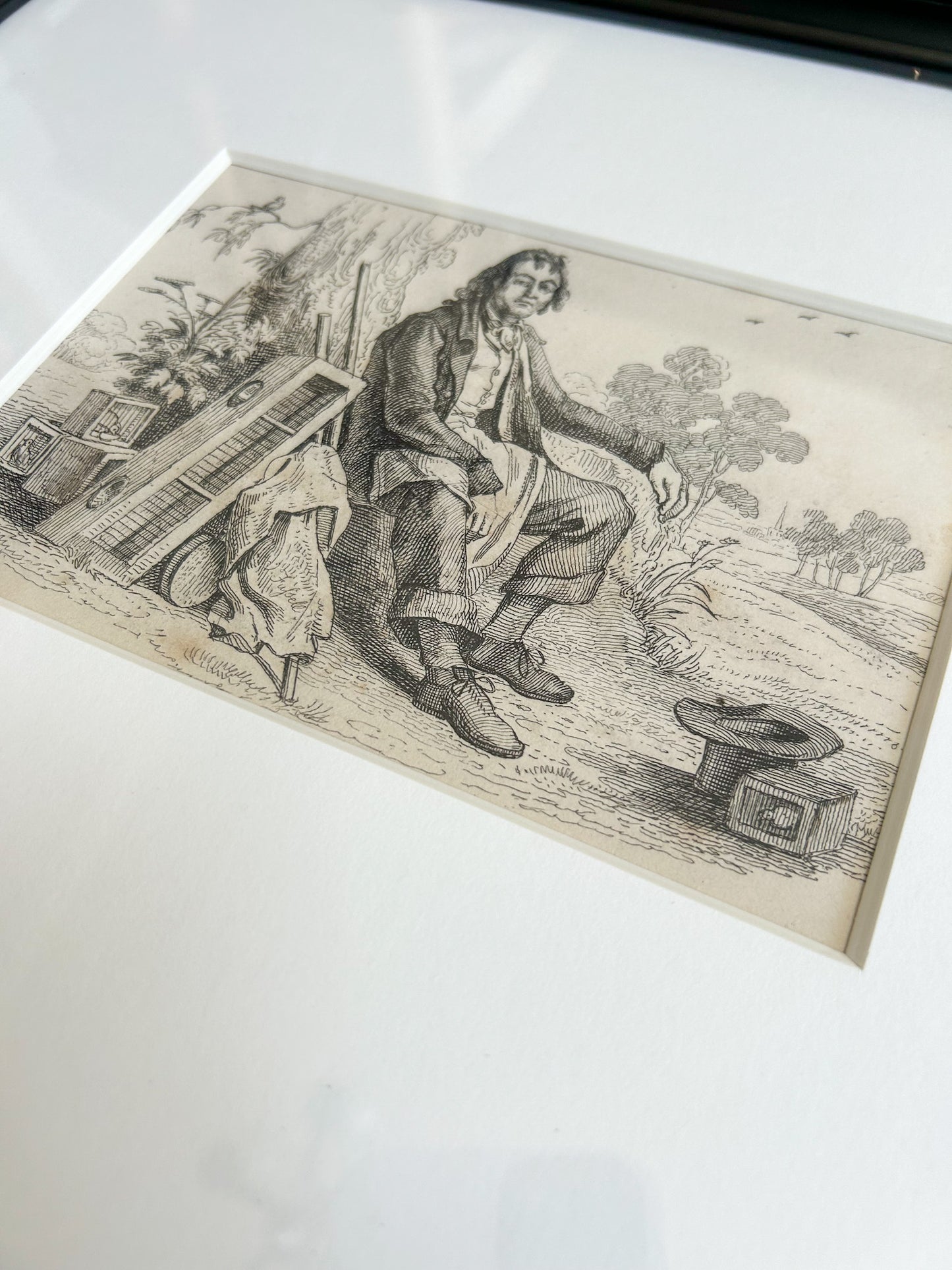 Pair of Framed Antique English Engravings, “Donkey” & “Bird Fancier” – Signed Jos. Fussell, Early 19th Century