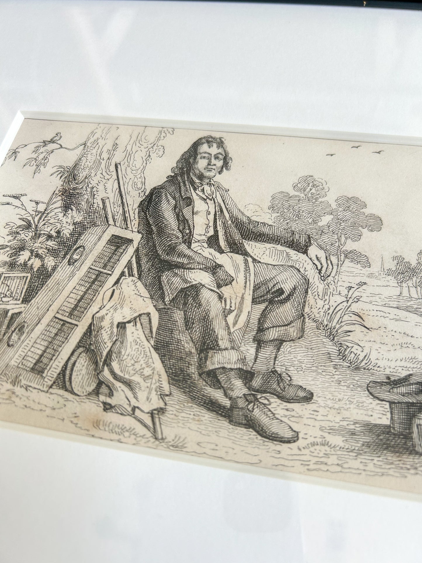 Pair of Framed Antique English Engravings, “Donkey” & “Bird Fancier” – Signed Jos. Fussell, Early 19th Century