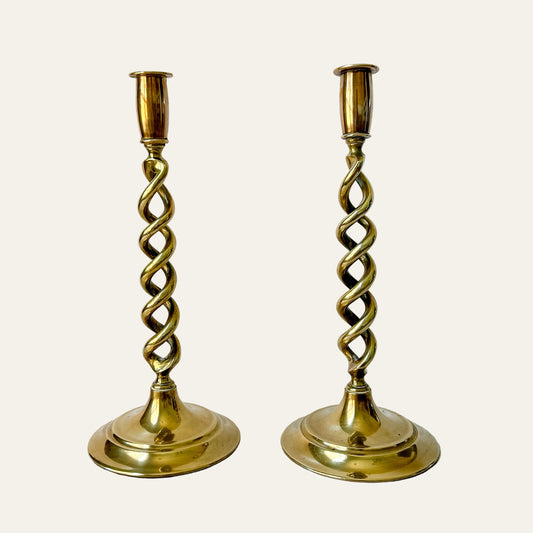 Antique Pair English Open Twist Brass Candlesticks