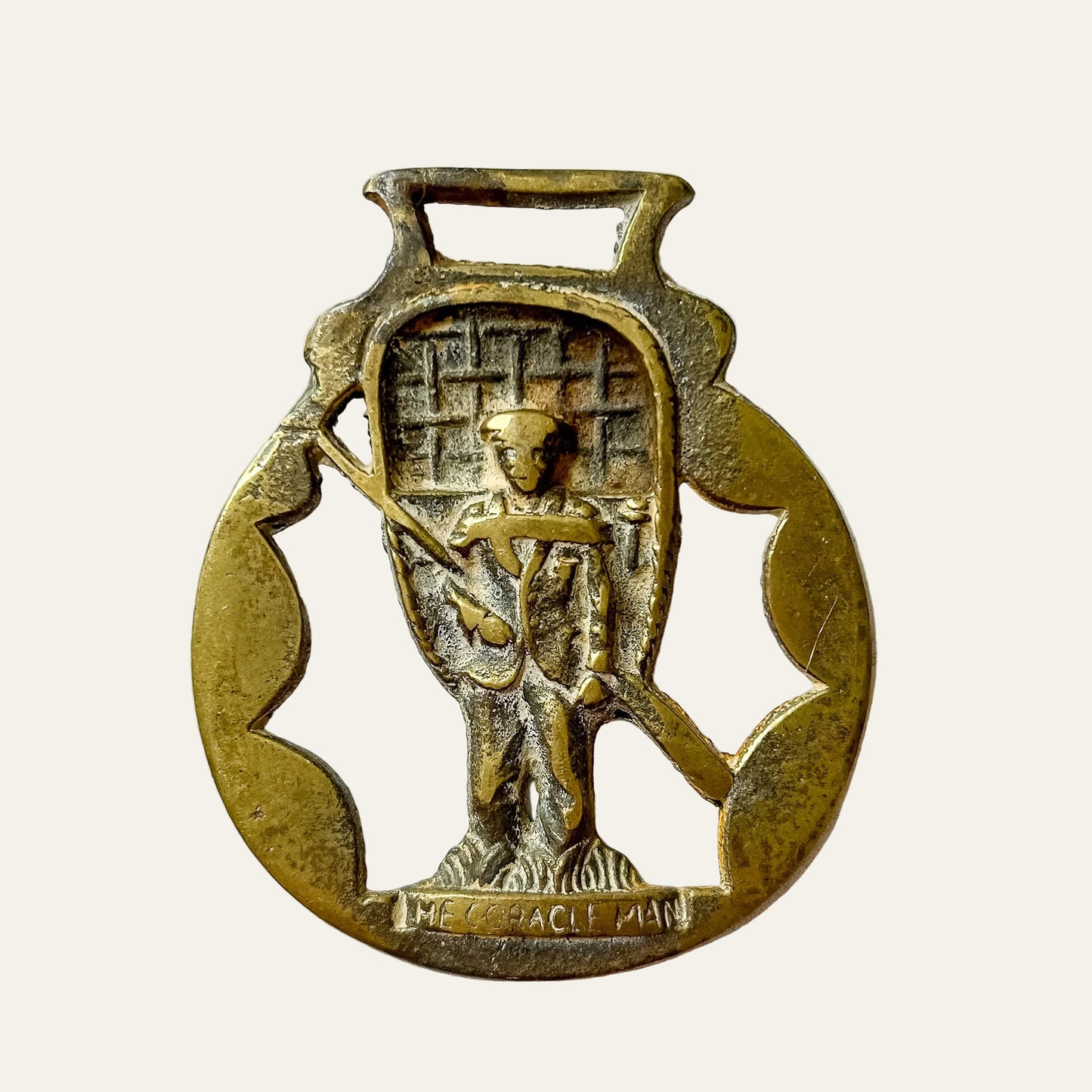 English Coracle Man Horse Brass Medallion