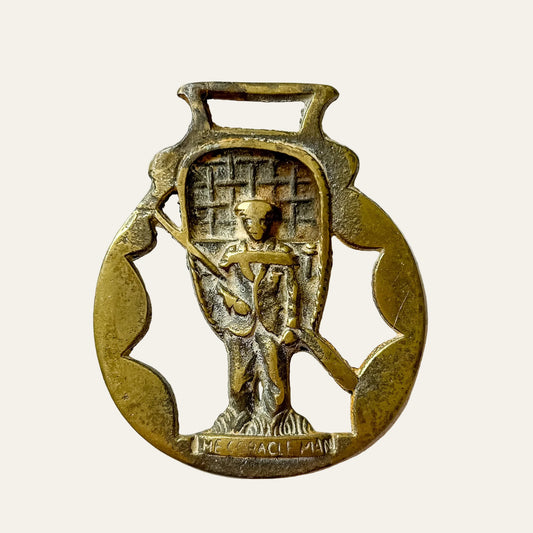 English Coracle Man Horse Brass Medallion