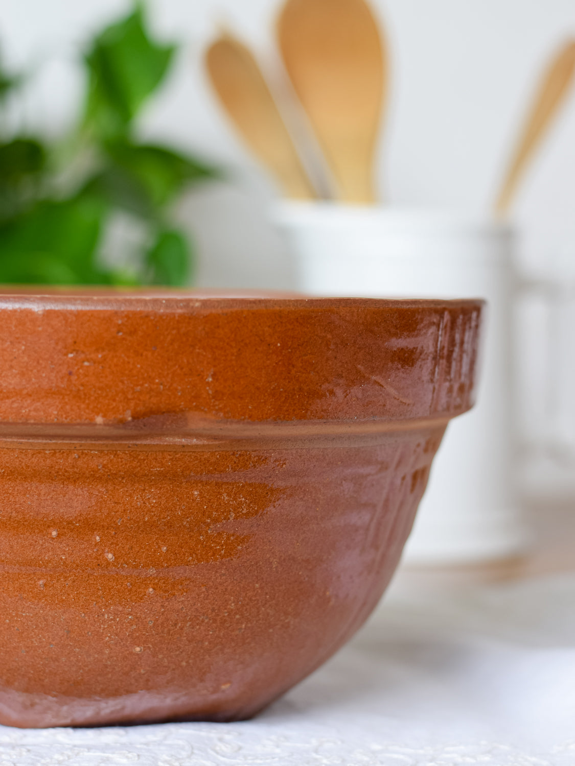 Vintage Brown Geometric Pattern Crock Bowl