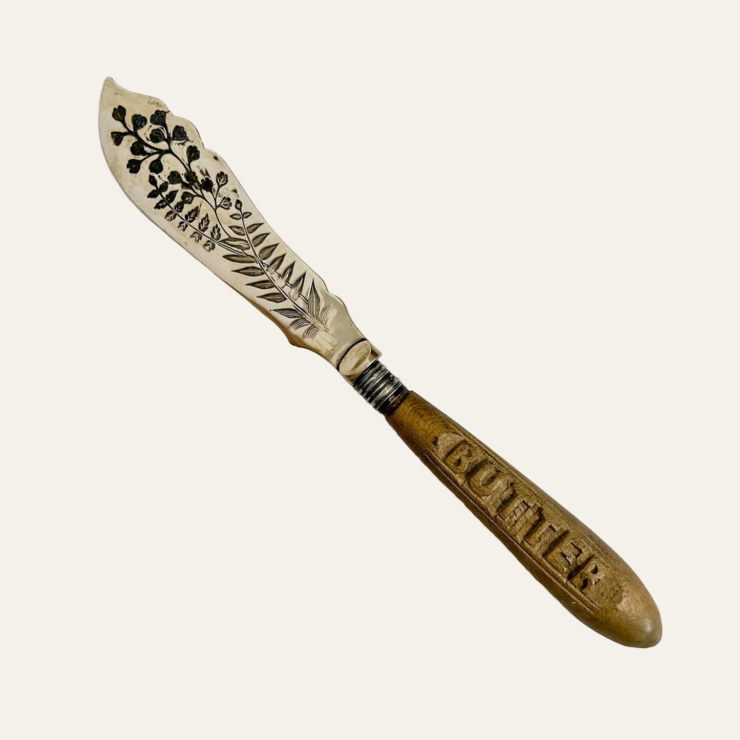Victorian English Carved Handle Butter Knife with Engraved Blade