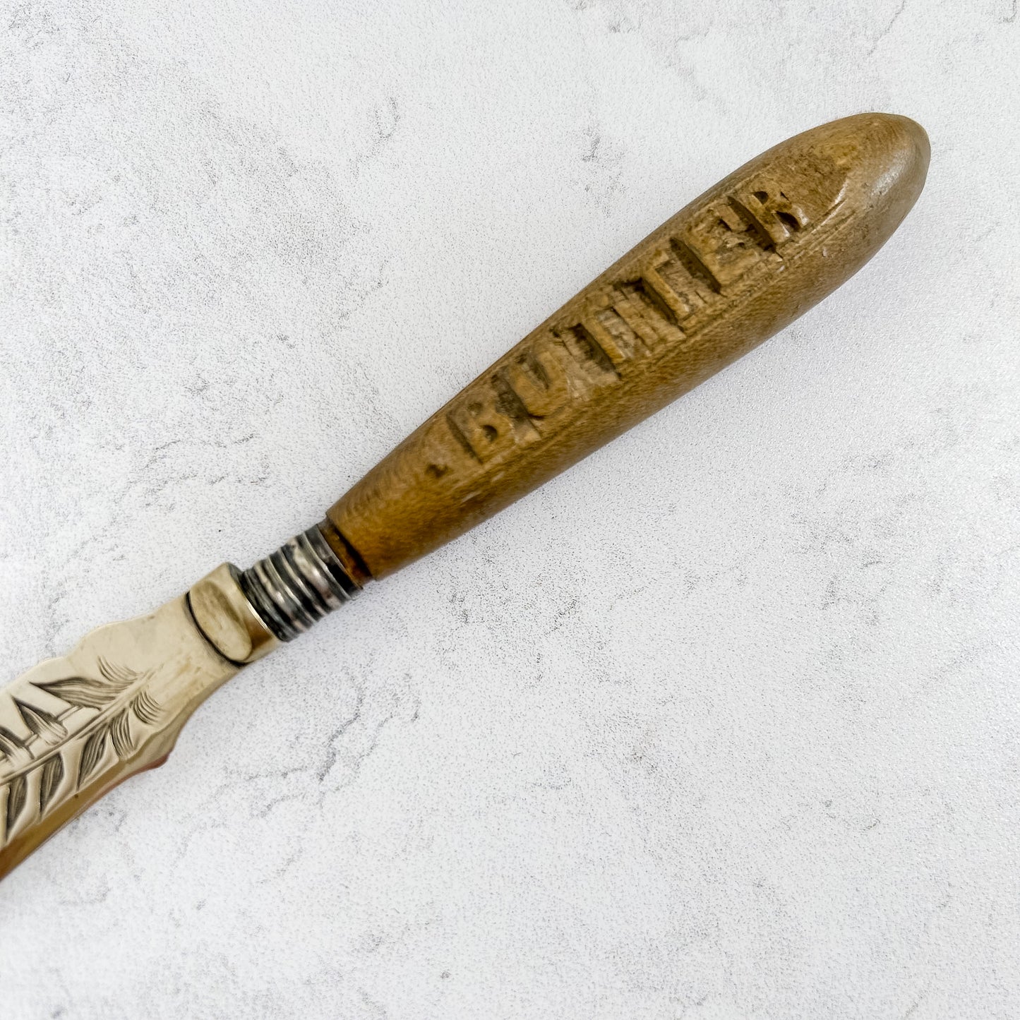 Victorian English Carved Handle Butter Knife with Engraved Blade