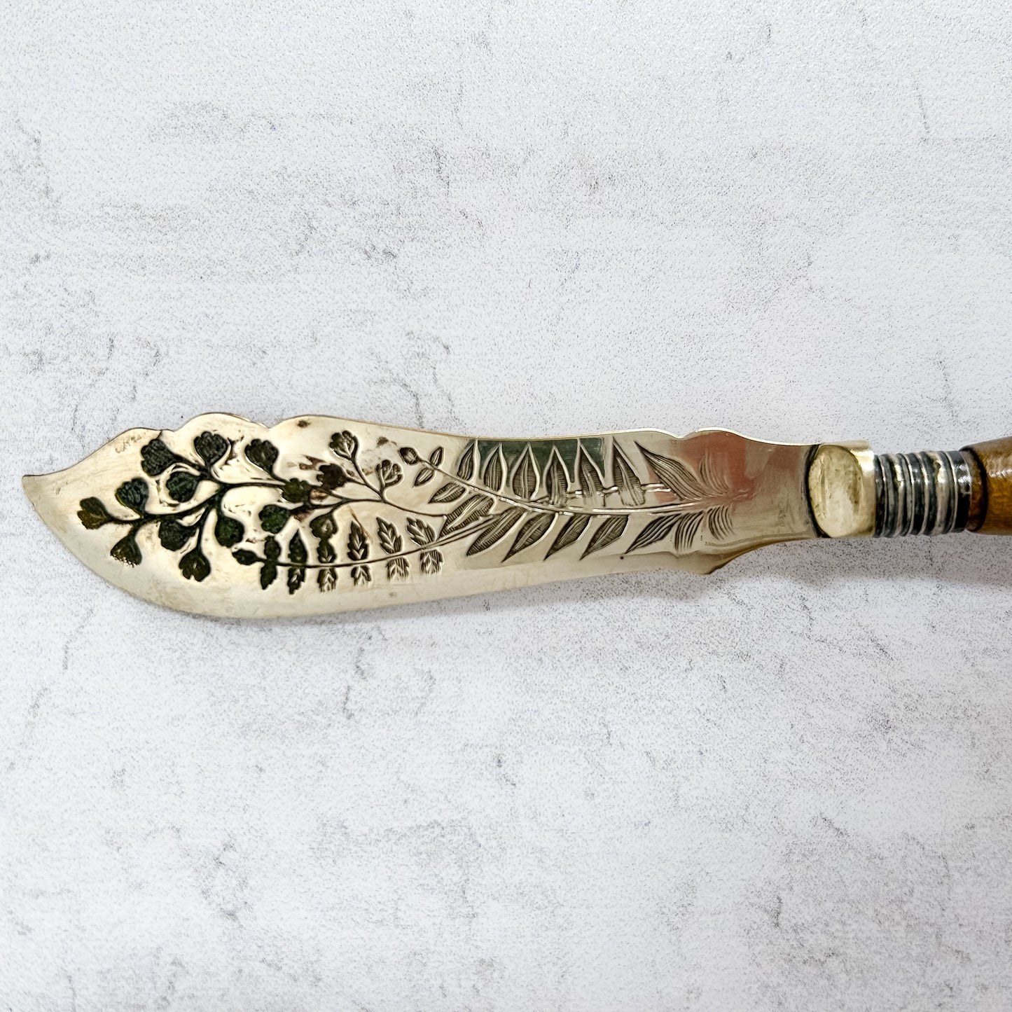 Victorian English Carved Handle Butter Knife with Engraved Blade