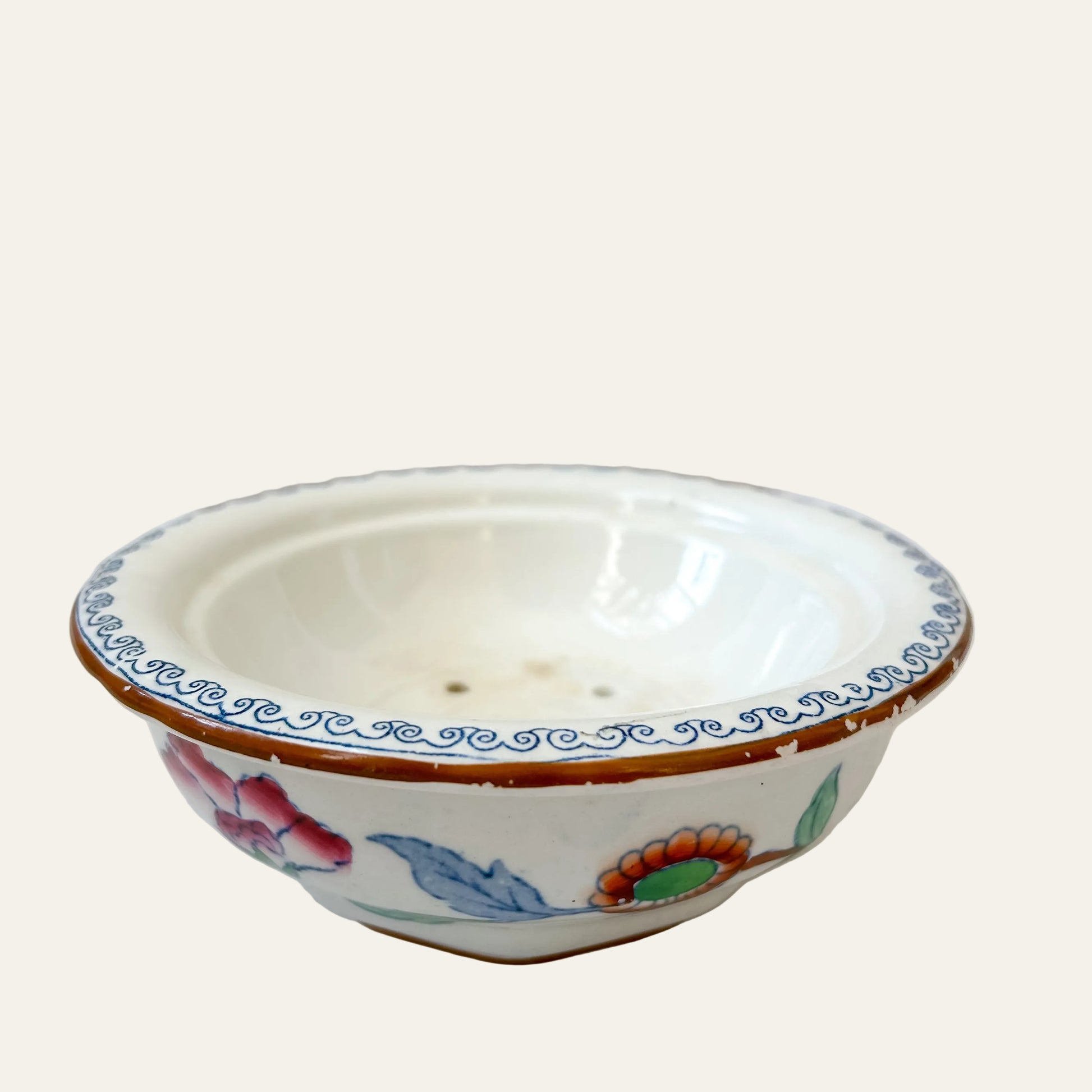 Decorative ceramic bowl with colorful patterns on a light background
