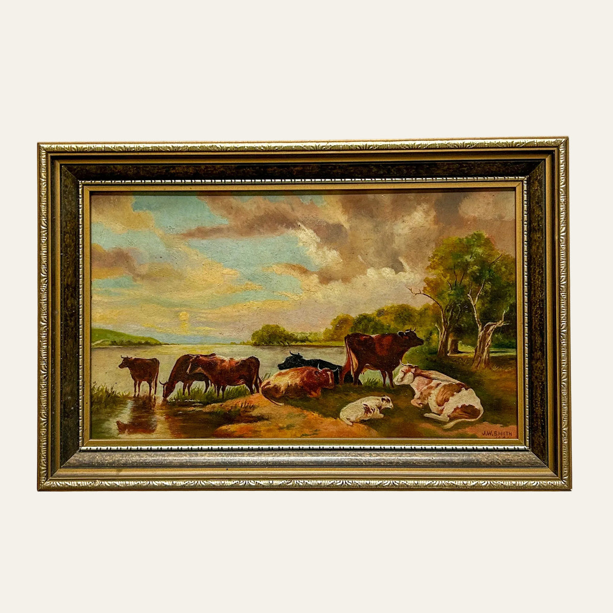 1941 Vintage English Pastoral Cattle Painting, Signed J.W. Smith
