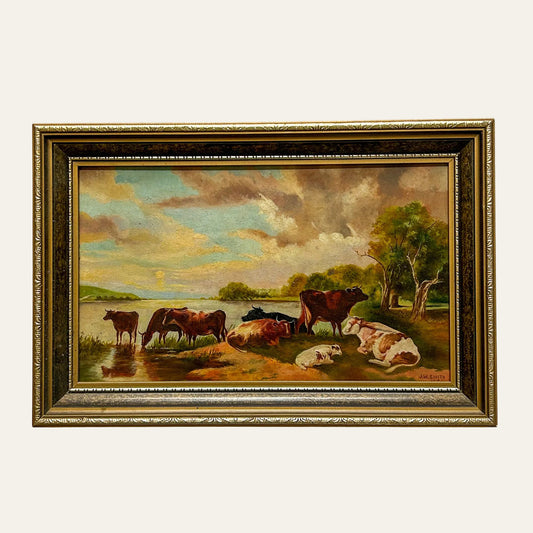 1941 Vintage English Pastoral Cattle Painting, Signed J.W. Smith