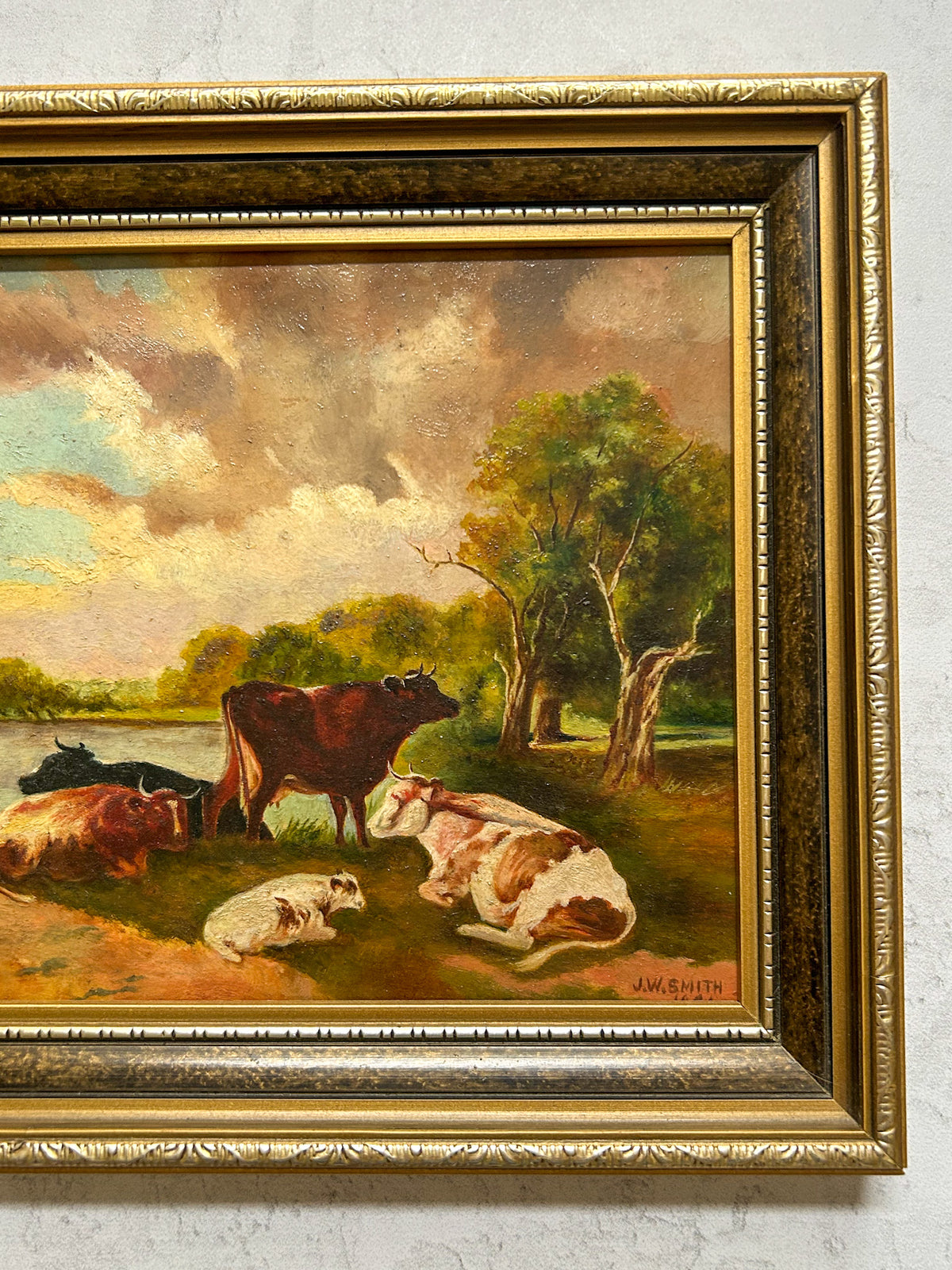 1941 Vintage English Pastoral Cattle Painting, Signed J.W. Smith