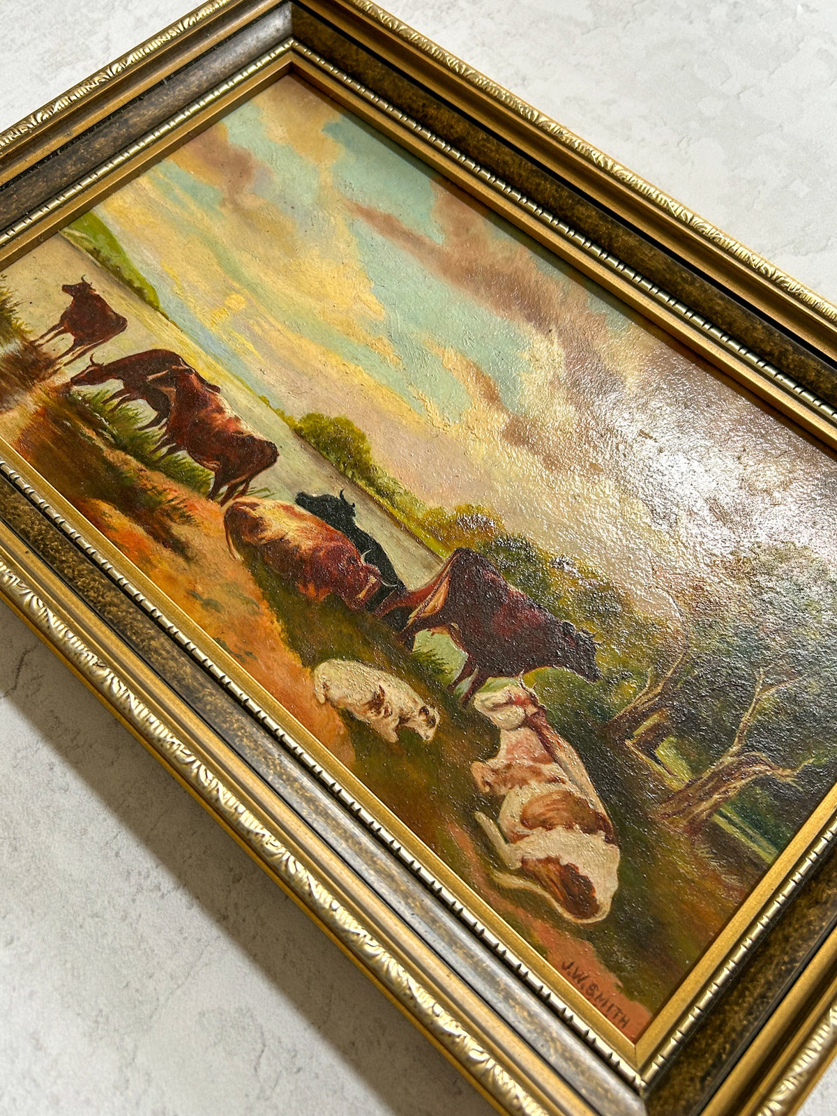 1941 Vintage English Pastoral Cattle Painting, Signed J.W. Smith