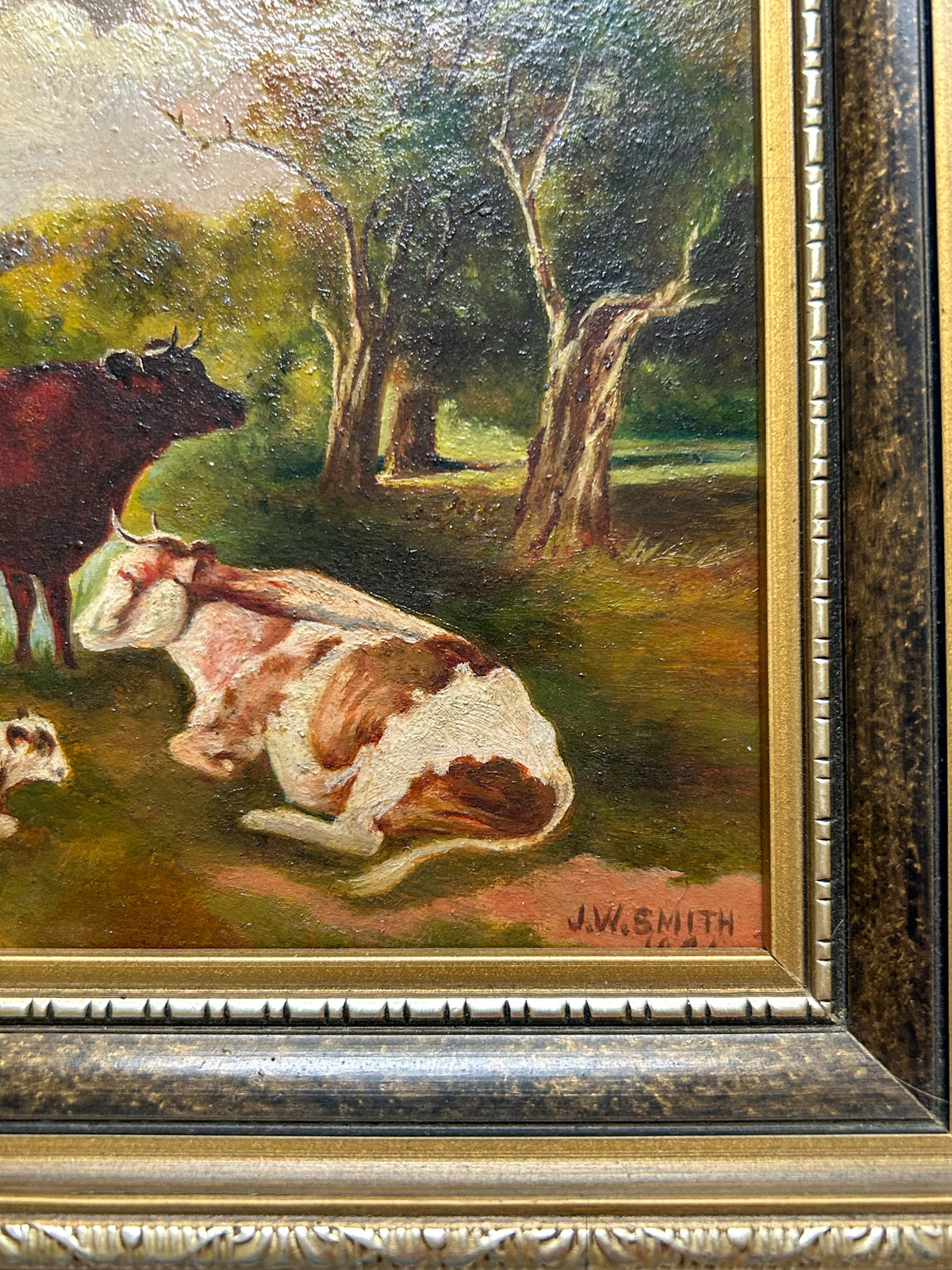 1941 Vintage English Pastoral Cattle Painting, Signed J.W. Smith