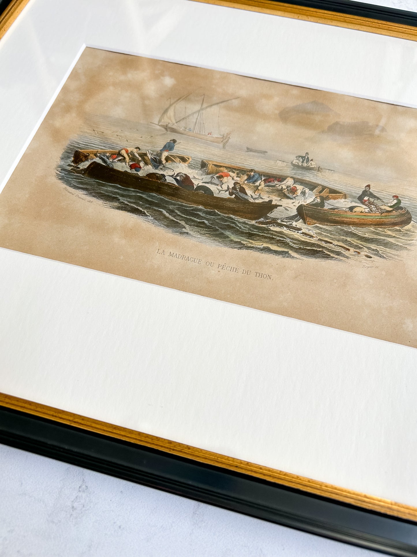Antique Framed French Maritime Engraving – “La Madrague ou Pêche du Thon,” Circa 1880