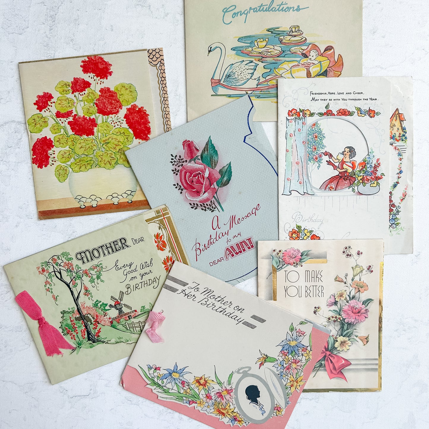 Set of 7 Antique English Greeting Cards