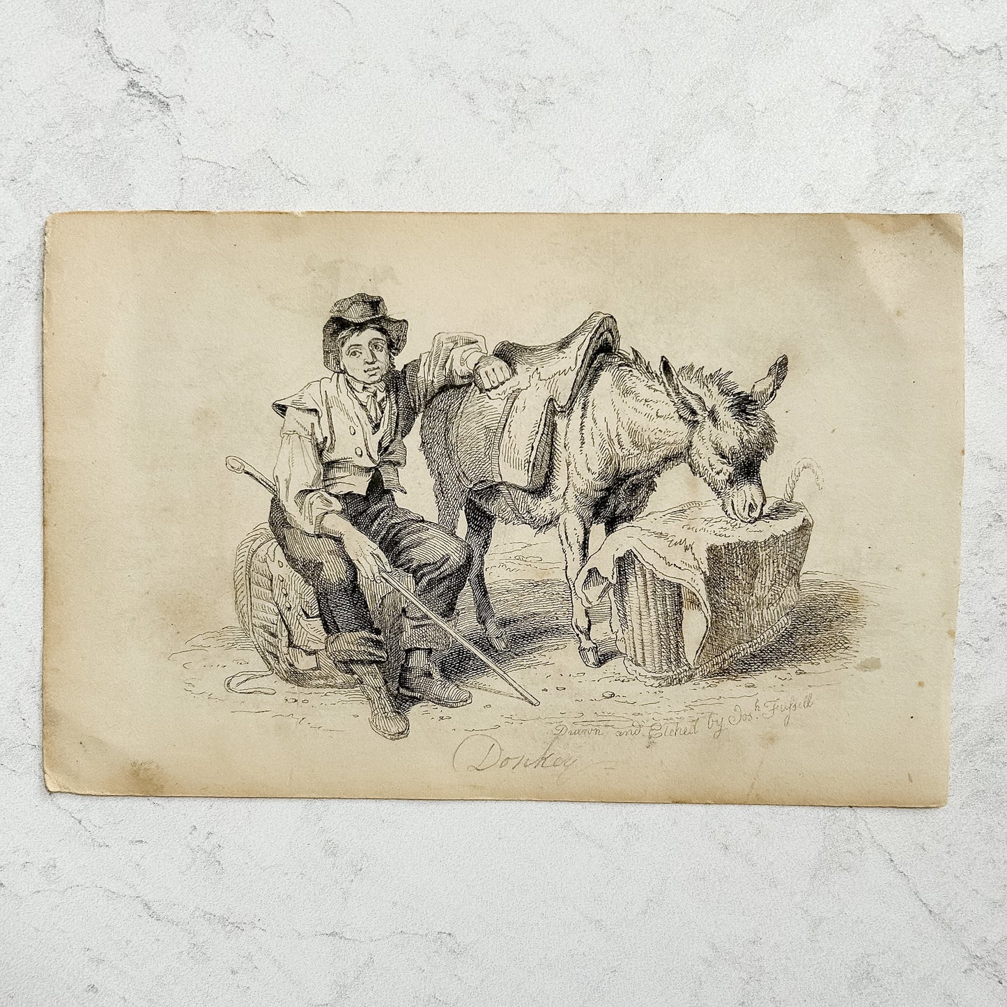 Pair of Framed Antique English Engravings, “Donkey” & “Bird Fancier” – Signed Jos. Fussell, Early 19th Century