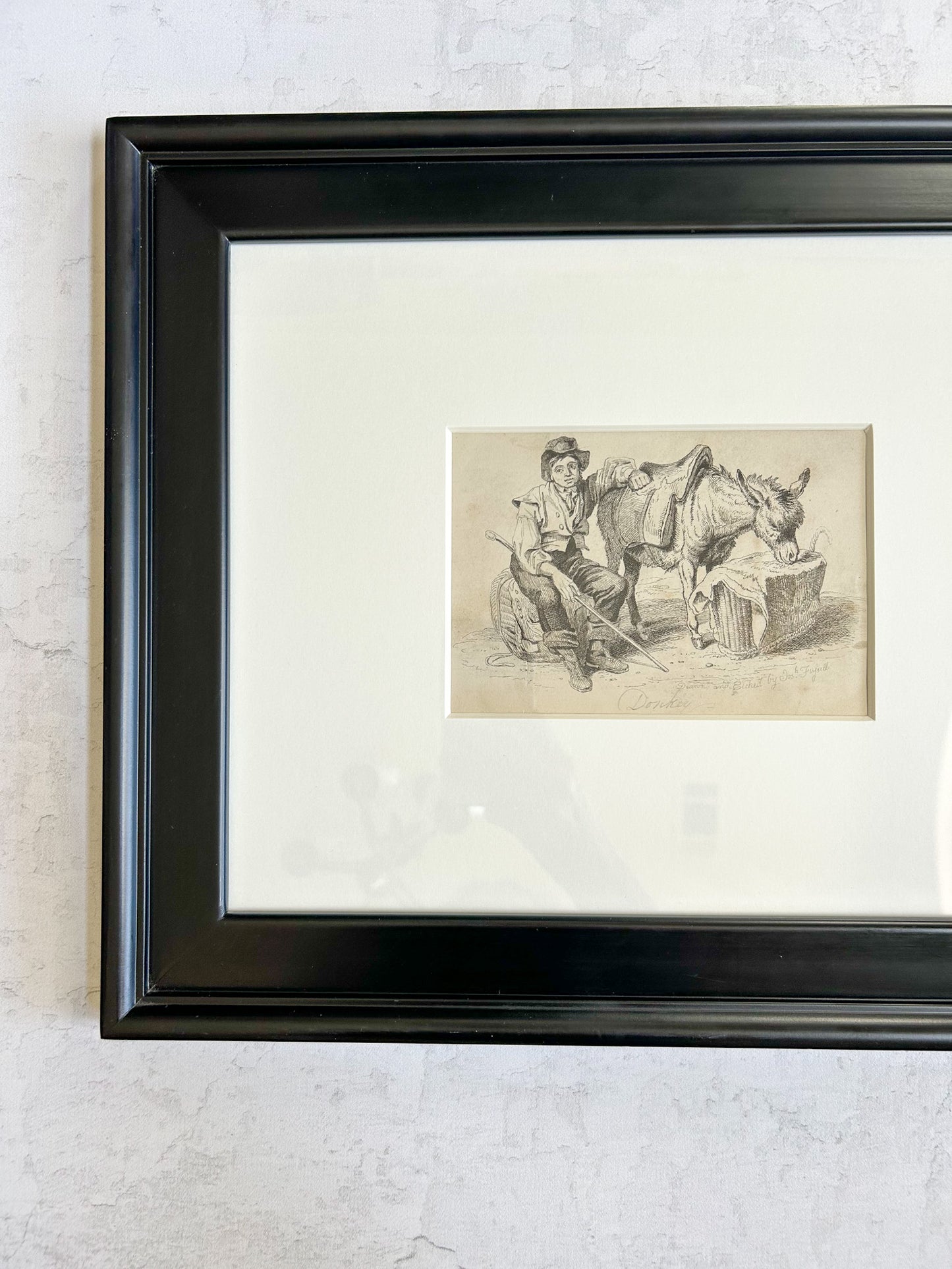 Pair of Framed Antique English Engravings, “Donkey” & “Bird Fancier” – Signed Jos. Fussell, Early 19th Century